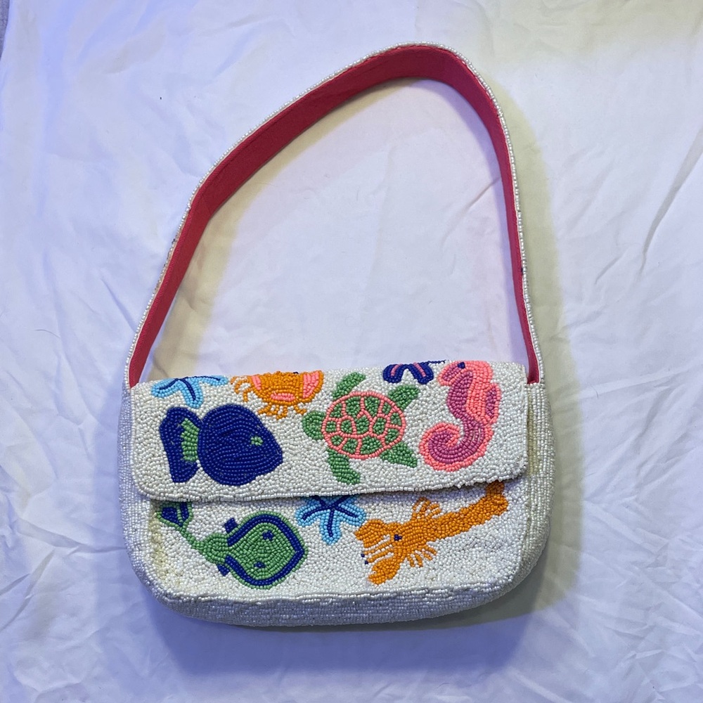 Beaded Sea Creatures Shoulder Bag in White and Pink